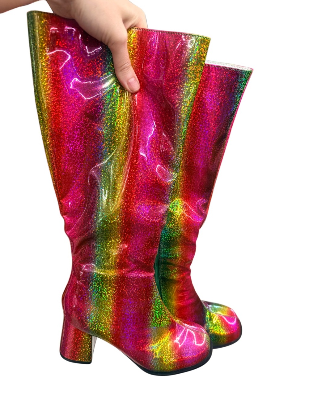 DISCO Rainbow Glitter Knee-High 3” chunky  Block Heel Boots - Multicolor Sz 9 - Picture 2 of 4